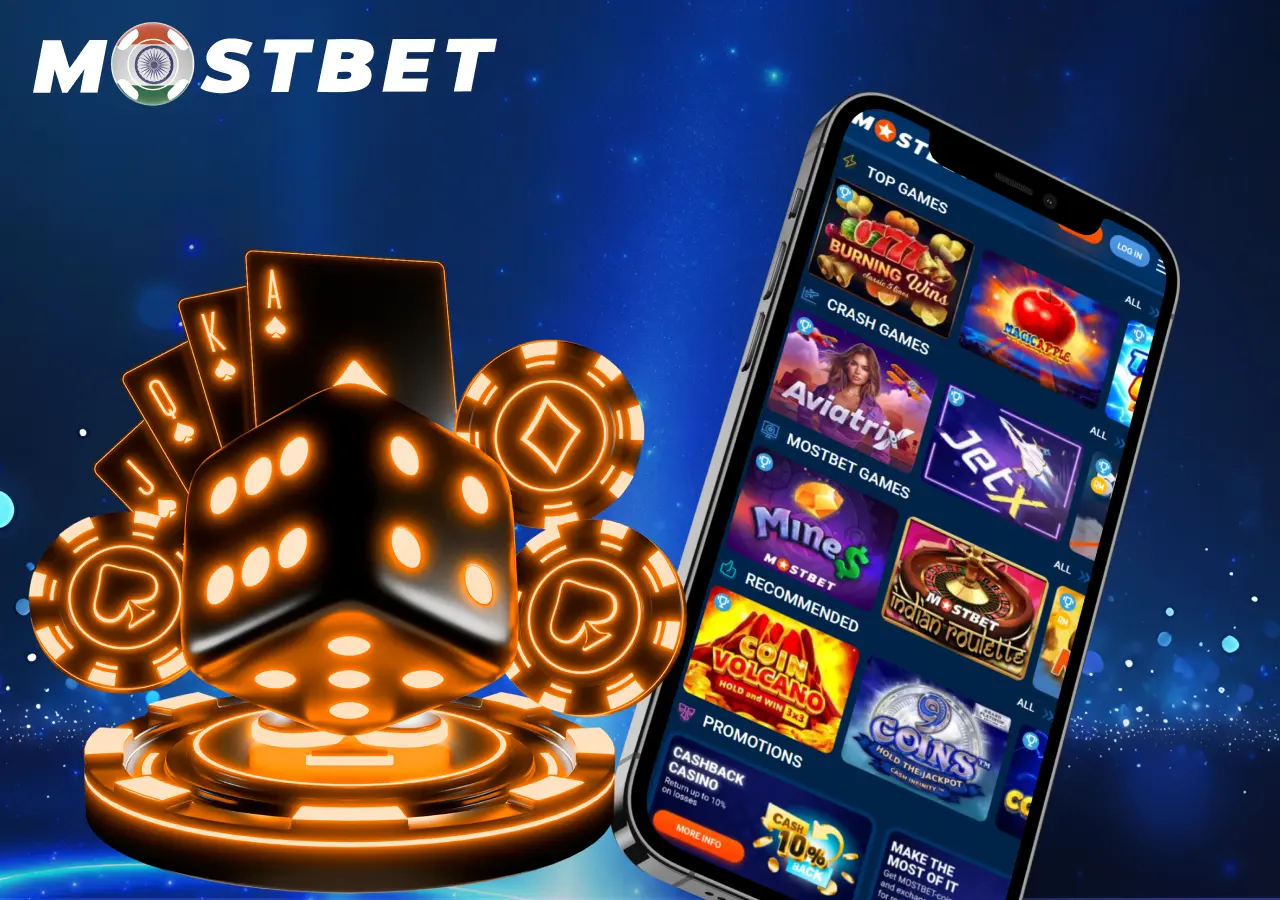 Casino section in the Mostbet app: slots, table games, and crash games.