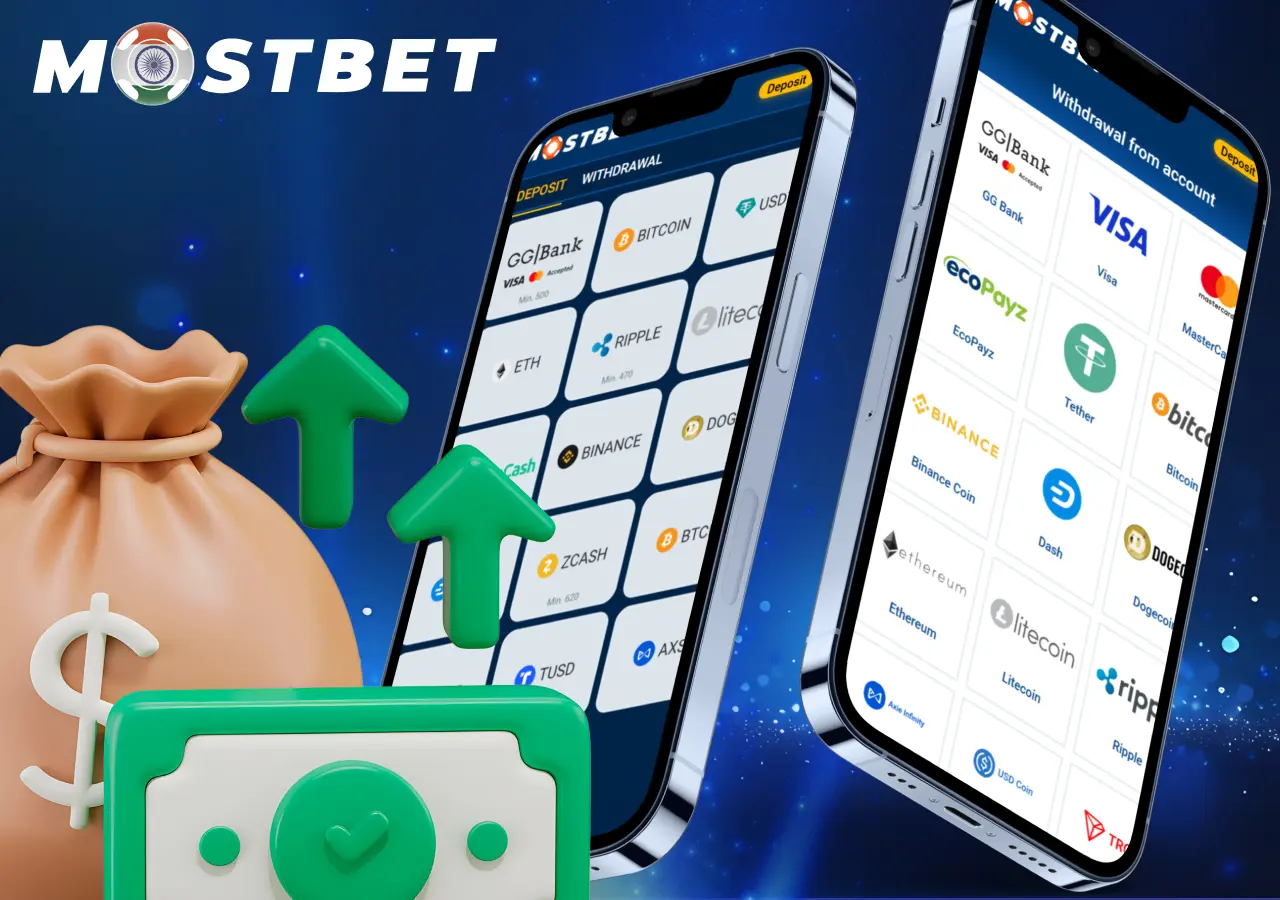 Available deposit and withdrawal options in the Mostbet app.